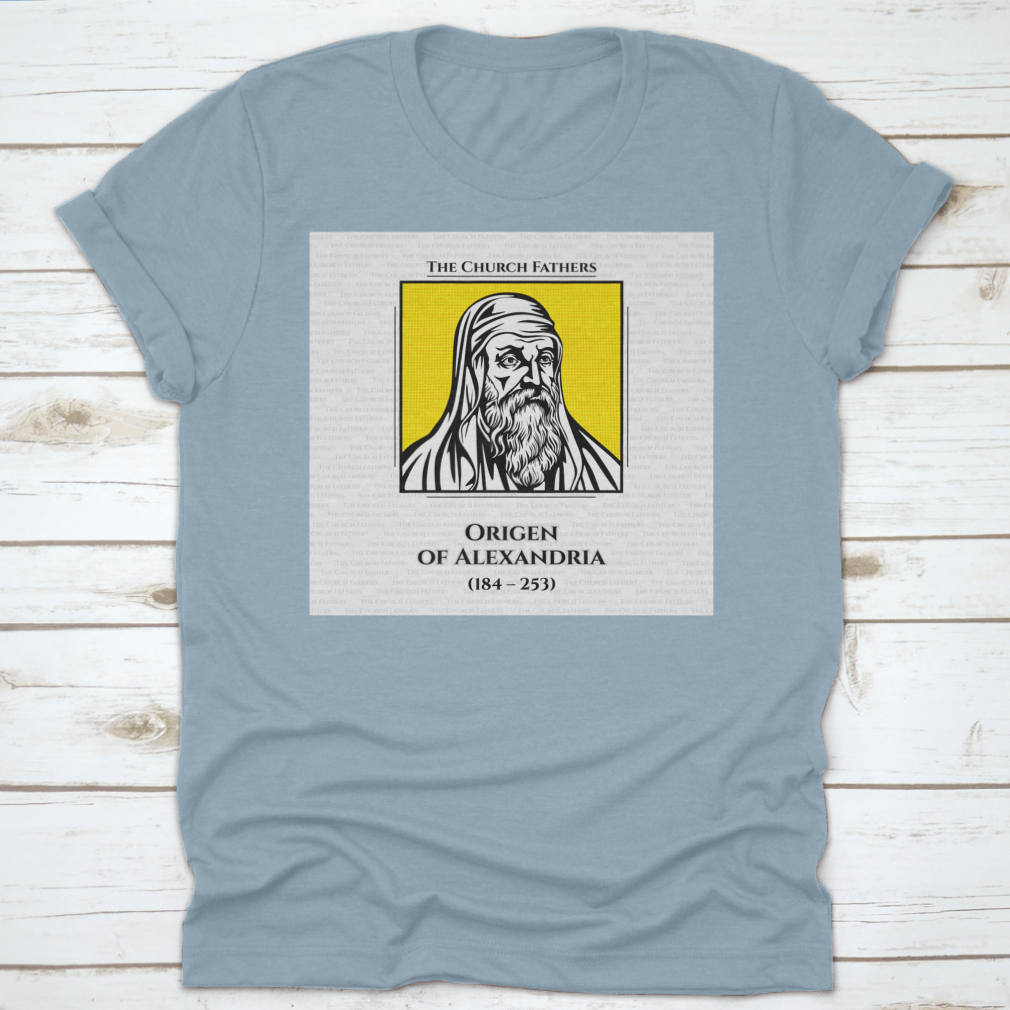A comfortable cotton t-shirt featuring the Early Christian Scholar Origen, showcasing a classic fit and durable design.
